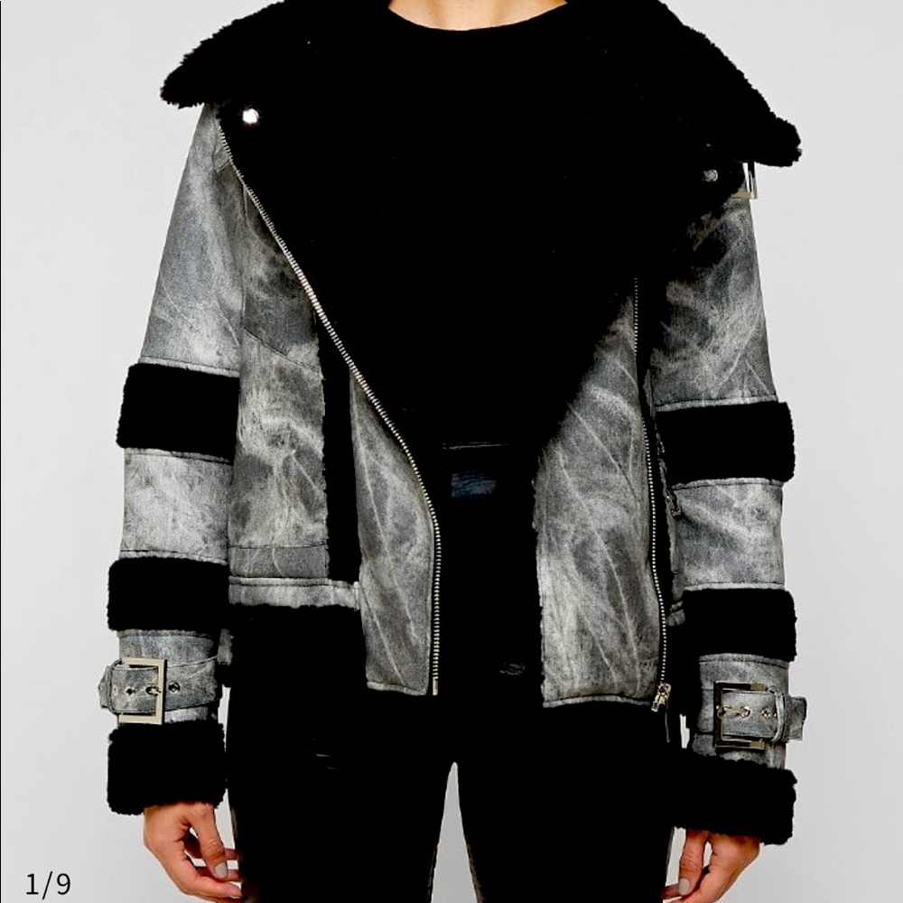 Unworn new MARBLED VEGAN LEATHER BORG BIKER JACKET - BLACK